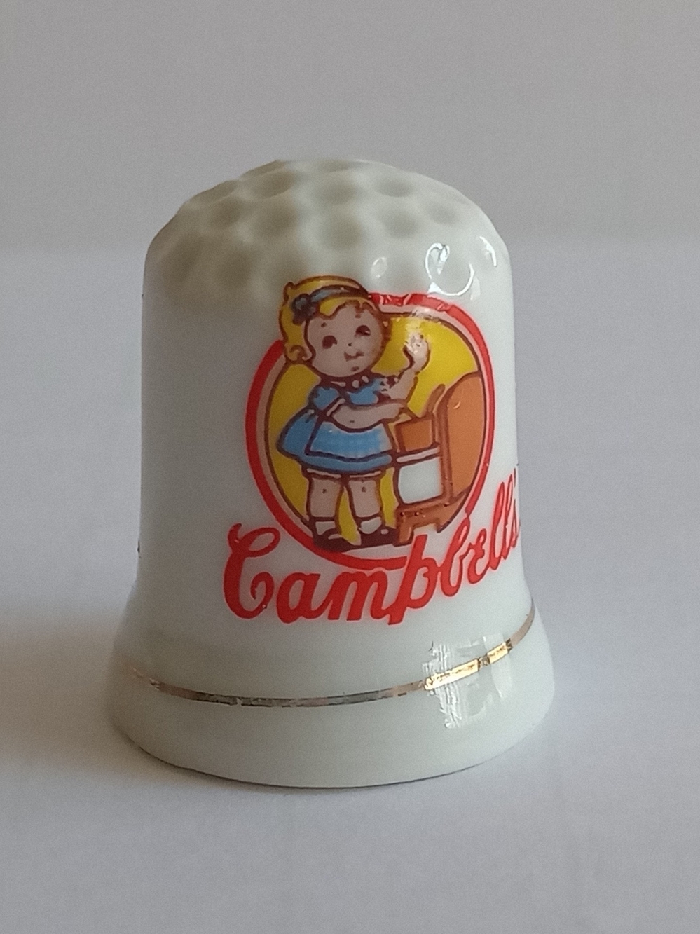 J.S.N.Y. Campbell's Soup Kid Ceramic Thimble With Golden Rim Vintage